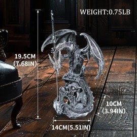 FLJZCZM Medieval Silver Dragon with Sword Figurine Dragon Holding Draconian Sword Letter Opener Sculpture Statue Home Decor, 7.68''H