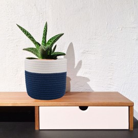 Oradrem Cotton Rope Plant Basket Woven Baskets for 6" Pot Floor Indoor Planters,Rustic Home Decor H6 3/4" x W6 1/2" White Stitching Navy Blue
