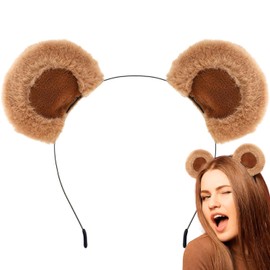 Diadema de orejas de oso café, diadema esponjosa, para adultos, diseño de orejas de ardilla y pelo de moda