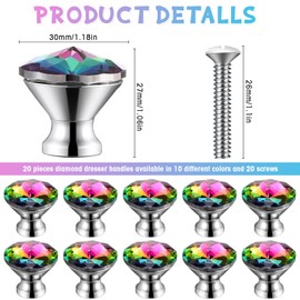 Jetec 20 Pcs Crystal Drawer Pulls Cabinet Knobs 30mm Diamond Dresser Knobs for Dresser Drawers Kitchen Bookcase Wardrobe(Colorful,Elegant Style)