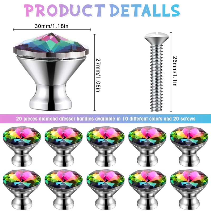 Jetec 20 Pcs Crystal Drawer Pulls Cabinet Knobs 30mm Diamond
