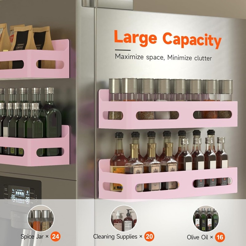 Sevenblue 4-Pack Magnetic Spice Rack for Refrigerator with Hooks, Pink