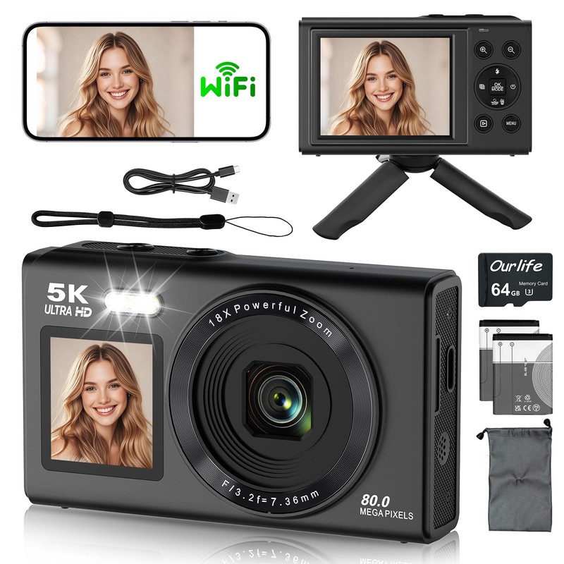5K 80MP Digital Cameras for Photography with Tripod 2 Batteries