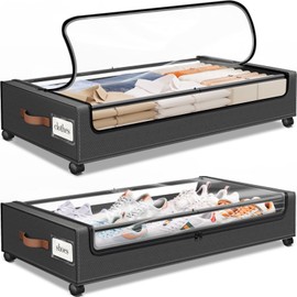 SpaceHacks SpaceHacks Under Bed Storage with Wheels 2Pack Storage Containers with Clear Window&Label Under Bed Drawers Rolling Under Bed Storage for Clothes,Shoes, Blankets (30.71 x 16.93 x 6.69 in, Dark Grey)