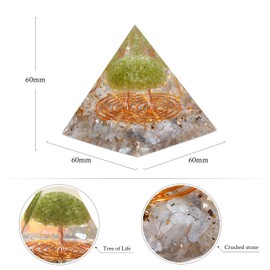 dssmboom Tumbled Labradorite Crystal Pyramid Positive Energy Generator for Reiki Healing Chakra Balancing, Resin with Copper Wire Peridot Tree of Life Orgone Pyramid for Home Office Decor