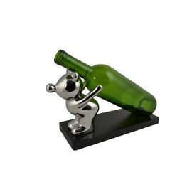 Wine Bodies 10" Polished Silver Bear on Wooden Base Bottle Holder