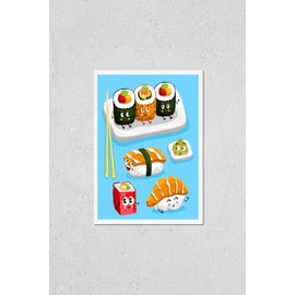 Poster Reproduction of Cartoon funny sushi food characters isolated illustration. Funny food face icon. Sushi emoji. Funny roll, laughing sushi. Cartoon emoticon face of Japanese food. Funny