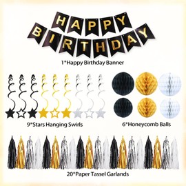 Black Gold Birthday Decorations, Happy Birthday Decorations with Banner, Honeycomb Balls, Stars Hanging Swirls, Paper Tassel Garland