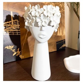 Escultura de cerámica para decoración de jarrón de flores de cabeza femenina, único centro de mesa blanco para decoración del hogar