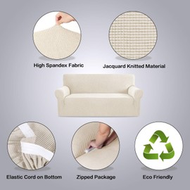 H.VERSAILTEX Stretch Sofa Covers for 3 Cushion Couch Covers Sofa Slipcovers for Living Room Feature Thick Checked Jacquard Fabric with Elastic Bottom, Sofa Large - Natural