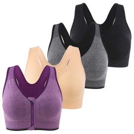 INIBUD Women's Sports Bra Post-Surgery Bra Zip Bra Zipper Front Wirefree Removable Pads Yoga Bra Zip Sports Bra (4 Pack (Bbpg), X-Large)