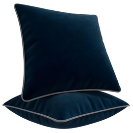 Blau Marité Decorative Velvet Throw Pillow Covers with Trim. Soft Velvet Decorative Pillow Cases. Velvet Cushion Covers. Contrast Pipping. (Navy Blue and Grey, 18"x18")