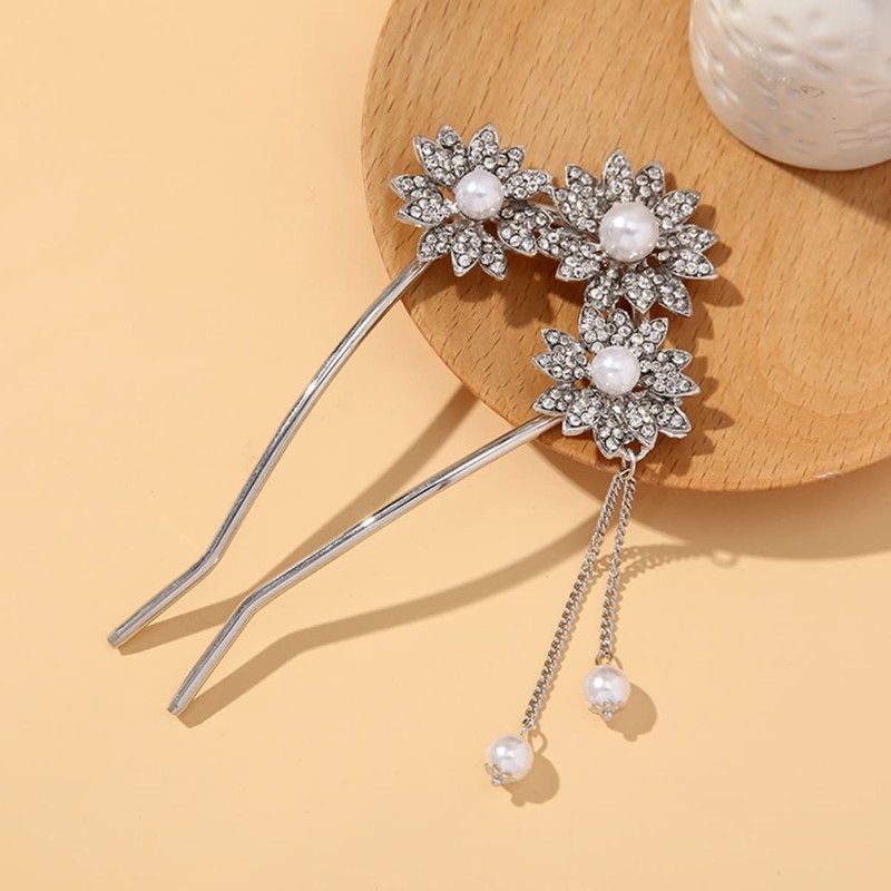 LALAFINA Set of 2 Women's Metal Hair Sticks Pearl Flower
