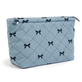 TEBIEKOY Bow Detail Cosmetic Bags for Women and Teen Girls, Lovely Zipper Make Up Bags Skincare Gift, Blue, Medium, Bows