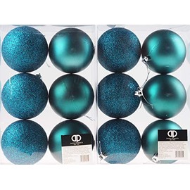 Set Of 12 King Fisher Teal Blue Christmas Tree Baubles Decorations - Glitter And Matt Texture
