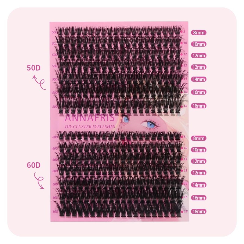 ANNAFRIS Eyelash Extensions, 50D + 60D Eyelash Clusters, D Curl,