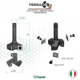 Tornado Fraiser Face Cutter 12 mm Shank for Wood Diameter 60 mm with 3 Interchangeable Carbide Blades Coated 12 x 12 mm Cutter for Router (D = 60 I = 12 S = 12)