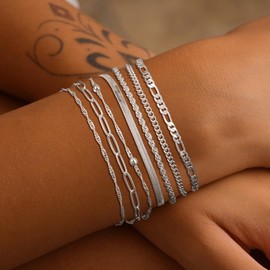 Tewiky Stack Gold Bracelets for Women Non Tarnish - Dainty 14K Gold Plated/Sterling Silver Figaro Bead Herringbone Cuban Link Paperclip Snake Box Chain Bracelets Set Adjustable Women Bracelets Trendy Waterproof Jewelry for Women