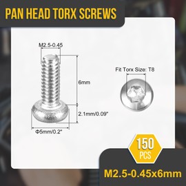 DTGN M2.5x6mm Pan Head Torx Security Screw - 150Pack - Good for Machinery - 304 Stainless Steel Button Head Torx Bolt Star Drive Security Fasteners - Silver Tone