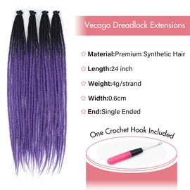 24 Inch 40 Strands Dreadlock Hair Extensions,Synthetic Hippie Single Ended Handmade Dreads,Thin 0.6cm Width Straight Reggae Style Dreadlocks for Woman,1B/Purple