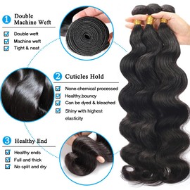 Cirvty 12A Brazilian Human Hair Bundles - 26 Inch Body Wave Weave - 3 Unprocessed Weft Bundles - Natural Black