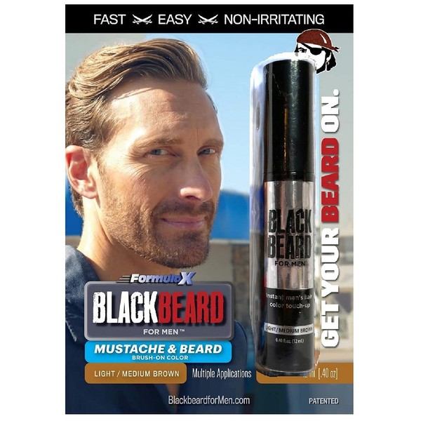 Blackbeard for Men Formula X Instant Mustache, Beard, Eyebrow and Sideburns Color - Fast, Easy, Men’s Grooming, Beard Dye Alternative, Light / Medium Brown, 1 Pack
