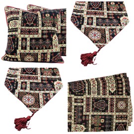 DaDa Bedding Dark Botanical Fleur Dining Table Tapestry Bundle - Set of 8 Pieces Mughal Floral Ornate Colorful Black Cotton Linen Decor - 4 Placemats, 2 Table Runners, 2 Throw Pillow Covers (18197)