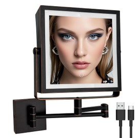 Ruacq Rechargeable Wall Mounted Makeup Mirror with Lights, Double Sided 1X/10X Magnifying Vanity Mirror with 3 Color Lights, Touch Screen Dimmable, 360° Rotation Foldable Arm (Oil Rubbed Bronze)