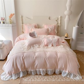 MOOWOO Chic Ruffle Lace Twin Duvet Cover Set-Bow Duvet Cover with Butterfly Tie-2 Piece Comforter Duvet Cover with Zipper Closure,Coquette Room Decor-Pink,Full Size