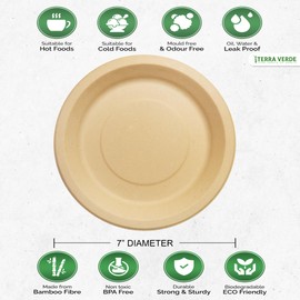 Terra Verde Disposable Bamboo Fibre Paper Plates l 7 inch (18 cm) Round 50 Pack l Large Unbleached Natural Brown l Compostable Eco Friendly Extra Strong Plate for Parties, BBQ, Picnic, Events