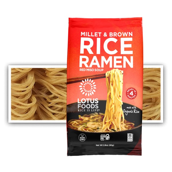 Lotus Foods Bulk Food Organic Millet & Brown Rice Ramen Noodles with Red Miso Soup, Gluten-Free Easy to Cook & Healthy Japanese Noodles with Instant Gourmet Broth, 2.8 Oz (Pack of 10)