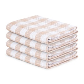 Blue Needles Waffle Weave Check Plaid Kitchen Towels, 15x25 Inches 100% Cotton Set of 4 Dish Towels for Kitchen, Ultra Soft & Absorbent for Quick Drying with Hanging Loop - Beige & White