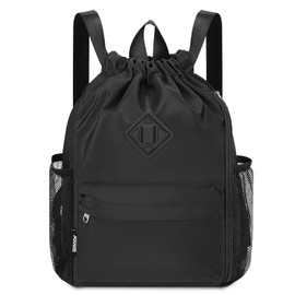 WANDF Drawstring Backpack Sports Bag with Shoe Compartment Water Resistant String Backpack Cinch for Women Men, Black Medium, Rucksack