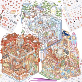 3 Sets DIY 3D Fun Large Size House Scenes Stickers with Tweezer Make Your Own Capybara Theater Dog Ski Resort Bear Museum Stickers Scenes Cute Animal Micro Stickers for Relief Stress Pass The Time