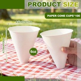 Roshtia 100% Biodegradable Ice Cream Cone Cups 6oz Compostable Sugarcane Disposable Snow Cone Cups 100 Ct Leak Proof Snow Maker Machine Accessories for Shaved Ice Slushies Water Cooler Dispenser