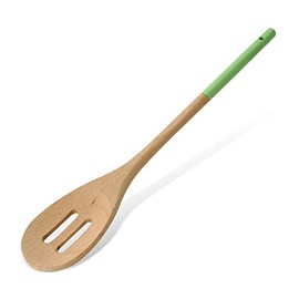 Tasty Wooden Slotted Serving Spoon, Spoon Ladle with Green Handle, Cooking Spoon for Serving Food, Wooden Kitchen Utensil, Dimensions: 30 x 5.5 cm, Colours: Light Brown and Green