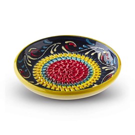 Garlic Grater Plate Set with Brush and Peeler. (#Ref 9). Handmade and Hand Painted in Cordoba, Spain. Blue with Yellow, Blue and red Circles. Flamingo Pattern.