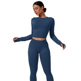 MAYROUND Workout Sets for Women 2 Piece Long Sleeve Top Hidden Scrunch Leggings Gym Set Seamless Yoga Outfit Athletic Clothes