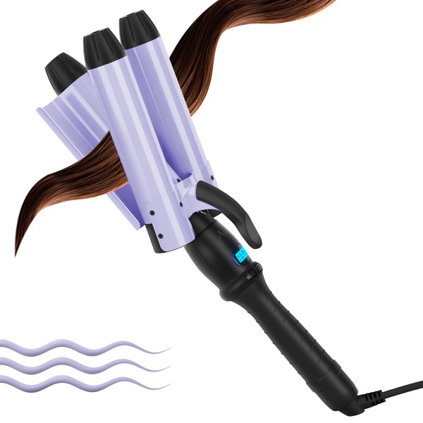 32mm Aima Beauty Big Wave Curling Iron Mermaid Hair Waver 3 Barrel Hair Crimper LCD Display Extra Long Barrel Multiple Temperature Negative Ionic Fast Heat Up (Purple)