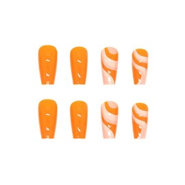 MISUD Press on Nails - Long Coffin Glue on Nails with Orange Swirl, Acrylic Summer Design 24 pcs