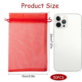 50pcs Clear Organza Bags 17x23cm Medium Organza Gift Bags Drawstring Jewelry Gift Bags Wedding Gift Bags for Party Festival Game Red