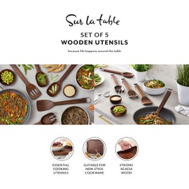 Sur La Table, Set of 5 Wooden Utensils, Solid Turner/Solid Spoon/Slotted Turner/Slotted Spoon/Salad Fork, Easy to Clean