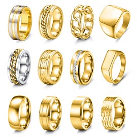 EIELO 12Pcs Rings for Men Stainless Steel Band Rings Square Signet Rings Pinky Thumb Ring Gold Chunky Thick Dome Band Cuban Link Chain Ring Simple Cool Finger Ring Wedding Band Ring for Men Size 9