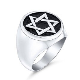 Bling Jewelry Personalize Large Statement Religious Magen Judaic Hanukkah Star Of David Bar Mitzvah Round Signet Band Ring For Men Enamel Silver Tone Stainless Steel