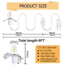 NETEHA 2 Pack 6Ft White Accessory Cord with C7 LED Bulbs, E12 Socket Lamp Cord with On/Off Switch for Christmas Village House, Holiday Decorations, Pumpkin Lights