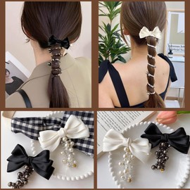 Doyime Pearl Coil Pony [Set of 2] Wire Pony Coil Up Hair Rubber Spiral Hair Rubber Hair Accessory No Trace Free Arrangement Adjustable Bowknot Stylish Entrance Ceremony Wedding Graduation Date