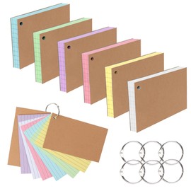 JUNART 300 PCS Index Cards, 6 Colours × 50 Sheets Kraft Cover Sturdy and Long-Lasting, with 6 Key Binder Rings for Easy Carrying, Suitable for Study and Office Use