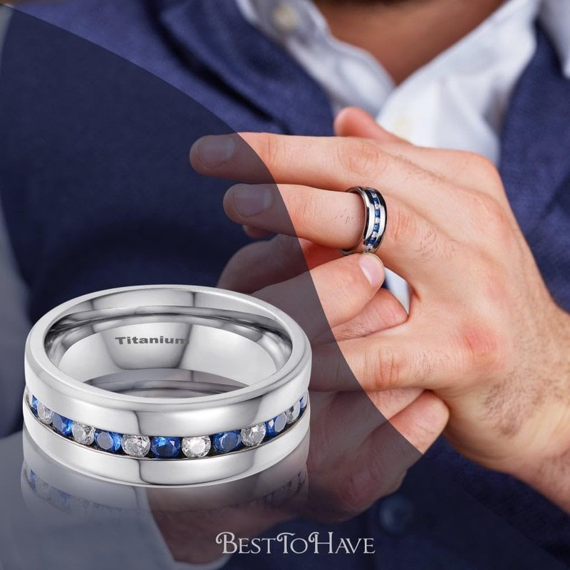 BESTTOHAVE Mens Titanium Ring With Blue Sapphire CZ Classic Wedding