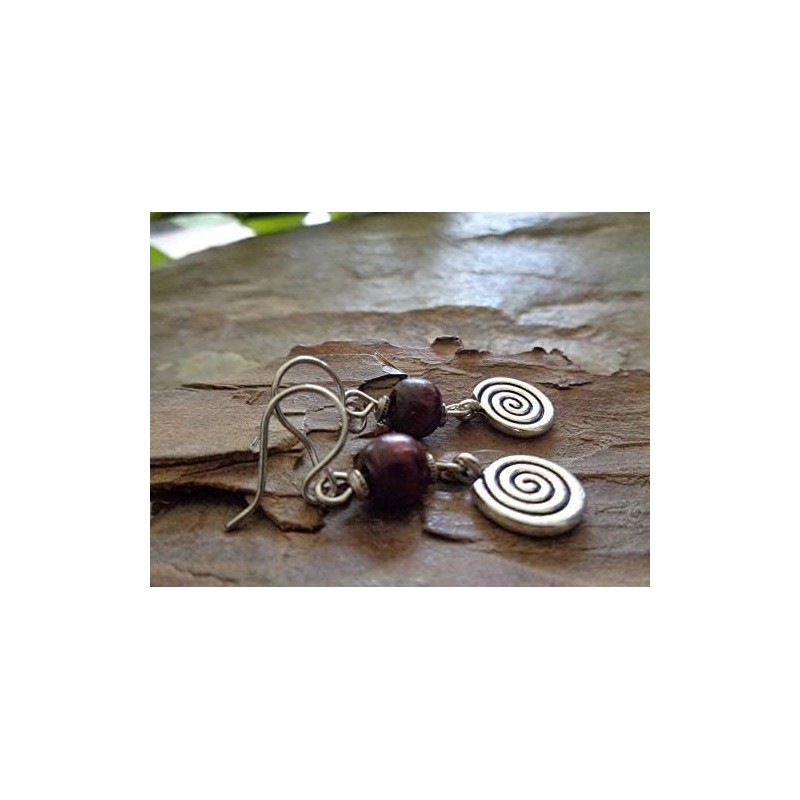 ⊹⊱ ✿★ DUNKELROTES HOLZ MIT ROBUSTER SPIRALE - OHRRINGE NATUR