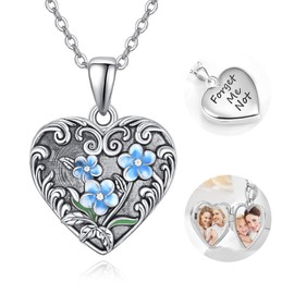 TANGPOET Forget Me Not Flower Heart Locket Necklace for Women 925 Sterling Silver Blue Enamel Forget Me Not Photo Locket that Hold Two Pictures Memorial Keepsake Jewelry Gifts,18"+2" Chain